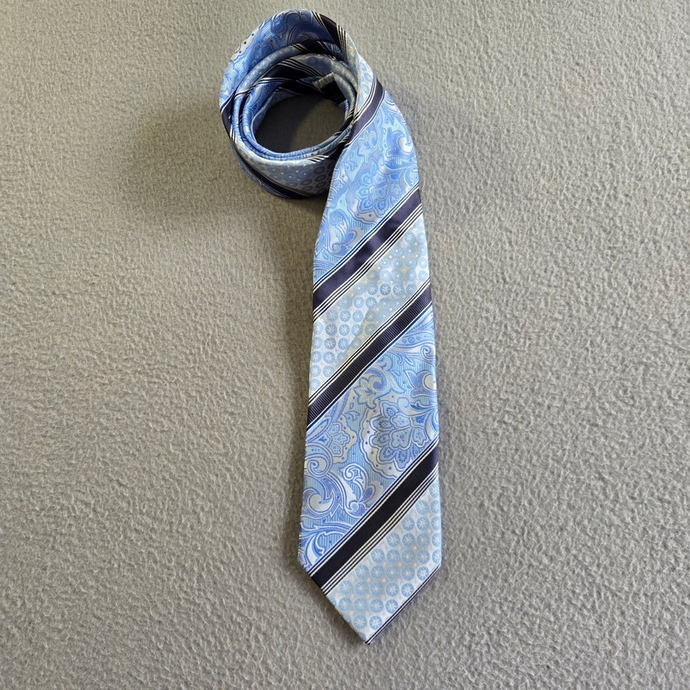 Bruno Conte Necktie Mens OS Blue Paisley Geometric Striped Hand Made Woven Tie